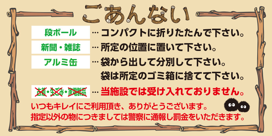 ごあんない「段ボール」「新聞・雑誌」「アルミ缶・スチール缶」「ペットボトル」「古着」